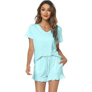 imageWiWi Womens Pajamas Set Viscose from Bamboo Soft Short Sleeve Top with Ruffle Shorts Sleepwear Ladies Pjs Sets SXXLAaqua