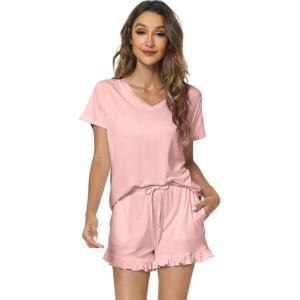 imageWiWi Womens Pajamas Set Viscose from Bamboo Soft Short Sleeve Top with Ruffle Shorts Sleepwear Ladies Pjs Sets SXXLAblush Pink