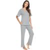 imageWiWi Viscose from Bamboo Womens Pajamas Set Soft V Neck Sleepwear Short Sleeve Top with Pant Lightweight S3XCheather Grey