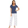 imageWiWi Viscose from Bamboo Womens Pajamas Set Soft V Neck Sleepwear Short Sleeve Top with Pant Lightweight S3XDindio Blue