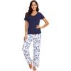 imageWiWi Viscose from Bamboo Womens Pajamas Set Soft V Neck Sleepwear Short Sleeve Top with Pant Lightweight S3XDnavy Print