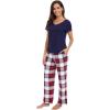 imageWiWi Viscose from Bamboo Womens Pajamas Set Soft V Neck Sleepwear Short Sleeve Top with Pant Lightweight S3XDnavyRed Plaid