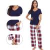 imageWiWi Viscose from Bamboo Womens Pajamas Set Soft V Neck Sleepwear Short Sleeve Top with Pant Lightweight S3XDnavyRed Plaid