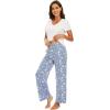 imageWiWi Viscose from Bamboo Womens Pajamas Set Soft V Neck Sleepwear Short Sleeve Top with Pant Lightweight S3XDraw WhiteBlue