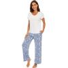 imageWiWi Viscose from Bamboo Womens Pajamas Set Soft V Neck Sleepwear Short Sleeve Top with Pant Lightweight S3XDraw WhiteBlue