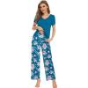 imageWiWi Viscose from Bamboo Womens Pajamas Set Soft V Neck Sleepwear Short Sleeve Top with Pant Lightweight S3XDteal BluePeony