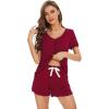 imageWiWi Womens Pajamas Set Viscose from Bamboo Soft Short Sleeve Top with Ruffle Shorts Sleepwear Ladies Pjs Sets SXXLBwine Red