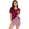 imageWiWi Womens Pajamas Set Viscose from Bamboo Soft Short Sleeve Top with Ruffle Shorts Sleepwear Ladies Pjs Sets SXXLCwine Stripe