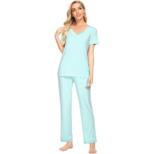 imageWiWi Viscose from Bamboo Womens Pajamas Set Soft V Neck Sleepwear Short Sleeve Top with Pant Lightweight S3XAaqua