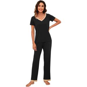 imageWiWi Viscose from Bamboo Womens Pajamas Set Soft V Neck Sleepwear Short Sleeve Top with Pant Lightweight S3XAblack