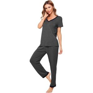 imageWiWi Viscose from Bamboo Womens Pajamas Set Soft V Neck Sleepwear Short Sleeve Top with Pant Lightweight S3XAcharcoal Heather