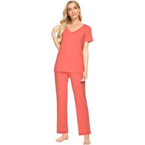 imageWiWi Viscose from Bamboo Womens Pajamas Set Soft V Neck Sleepwear Short Sleeve Top with Pant Lightweight S3XAcoral