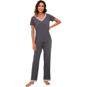 imageWiWi Viscose from Bamboo Womens Pajamas Set Soft V Neck Sleepwear Short Sleeve Top with Pant Lightweight S3XAdark Grey