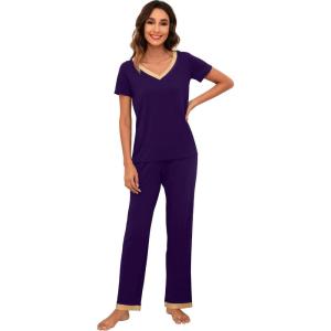 imageWiWi Viscose from Bamboo Womens Pajamas Set Soft V Neck Sleepwear Short Sleeve Top with Pant Lightweight S3XAdark Purple