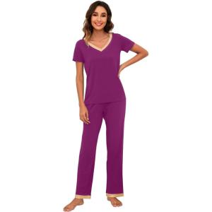 imageWiWi Viscose from Bamboo Womens Pajamas Set Soft V Neck Sleepwear Short Sleeve Top with Pant Lightweight S3XAdark Reddish Purple
