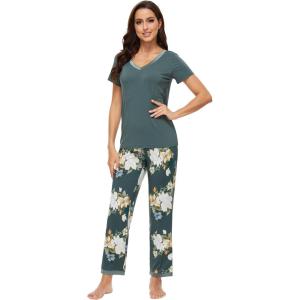 imageWiWi Viscose from Bamboo Womens Pajamas Set Soft V Neck Sleepwear Short Sleeve Top with Pant Lightweight S3XAgreenFloral