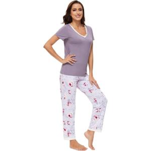 imageWiWi Viscose from Bamboo Womens Pajamas Set Soft V Neck Sleepwear Short Sleeve Top with Pant Lightweight S3XAgreyPeony