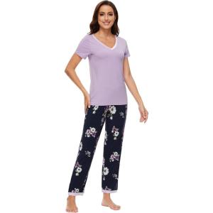 imageWiWi Viscose from Bamboo Womens Pajamas Set Soft V Neck Sleepwear Short Sleeve Top with Pant Lightweight S3XAnavyFloral