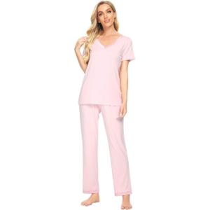 imageWiWi Viscose from Bamboo Womens Pajamas Set Soft V Neck Sleepwear Short Sleeve Top with Pant Lightweight S3XApink