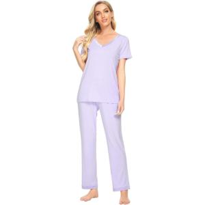 imageWiWi Viscose from Bamboo Womens Pajamas Set Soft V Neck Sleepwear Short Sleeve Top with Pant Lightweight S3XAtaro Purple