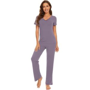 imageWiWi Viscose from Bamboo Womens Pajamas Set Soft V Neck Sleepwear Short Sleeve Top with Pant Lightweight S3XAviolet