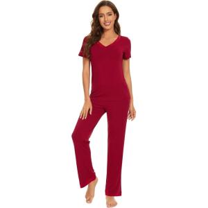 imageWiWi Viscose from Bamboo Womens Pajamas Set Soft V Neck Sleepwear Short Sleeve Top with Pant Lightweight S3XAwine Red