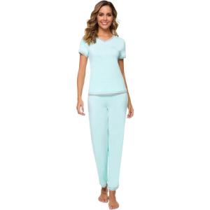 imageWiWi Viscose from Bamboo Womens Pajamas Set Soft V Neck Sleepwear Short Sleeve Top with Pant Lightweight S3XBaqua
