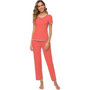 imageWiWi Viscose from Bamboo Womens Pajamas Set Soft V Neck Sleepwear Short Sleeve Top with Pant Lightweight S3XBcoral
