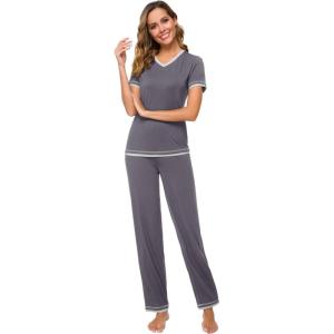 imageWiWi Viscose from Bamboo Womens Pajamas Set Soft V Neck Sleepwear Short Sleeve Top with Pant Lightweight S3XBdark Grey