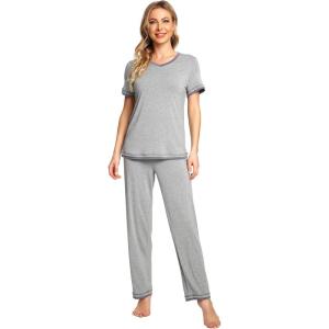 imageWiWi Viscose from Bamboo Womens Pajamas Set Soft V Neck Sleepwear Short Sleeve Top with Pant Lightweight S3XBheather Grey