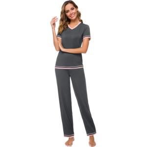 imageWiWi Viscose from Bamboo Womens Pajamas Set Soft V Neck Sleepwear Short Sleeve Top with Pant Lightweight S3XBiron Grey
