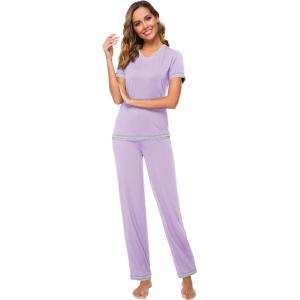 imageWiWi Viscose from Bamboo Womens Pajamas Set Soft V Neck Sleepwear Short Sleeve Top with Pant Lightweight S3XBtaro Purple