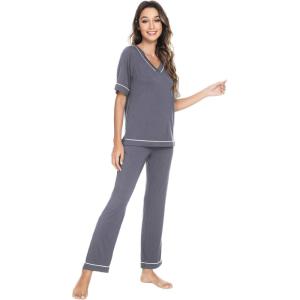 imageWiWi Viscose from Bamboo Womens Pajamas Set Soft V Neck Sleepwear Short Sleeve Top with Pant Lightweight S3XCdark Grey