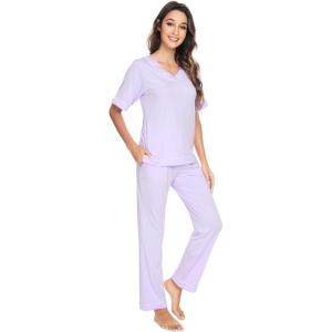 imageWiWi Viscose from Bamboo Womens Pajamas Set Soft V Neck Sleepwear Short Sleeve Top with Pant Lightweight S3XCtaro Purple