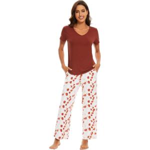 imageWiWi Viscose from Bamboo Womens Pajamas Set Soft V Neck Sleepwear Short Sleeve Top with Pant Lightweight S3XDbrickred