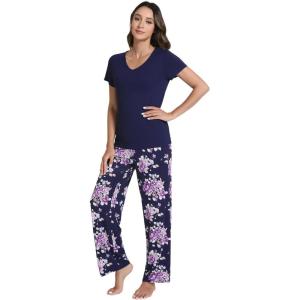 imageWiWi Viscose from Bamboo Womens Pajamas Set Soft V Neck Sleepwear Short Sleeve Top with Pant Lightweight S3XDdark NavyPurple Floral