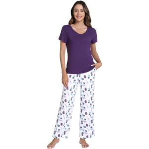 imageWiWi Viscose from Bamboo Womens Pajamas Set Soft V Neck Sleepwear Short Sleeve Top with Pant Lightweight S3XDdark Purple Dots