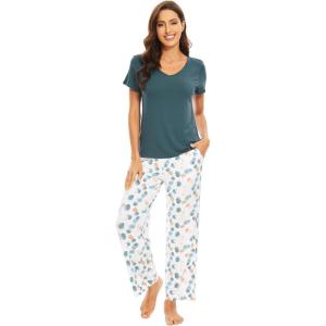 imageWiWi Viscose from Bamboo Womens Pajamas Set Soft V Neck Sleepwear Short Sleeve Top with Pant Lightweight S3XDgreen