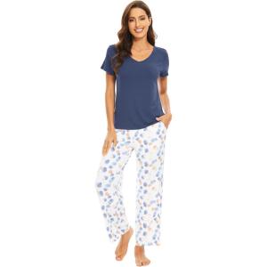 imageWiWi Viscose from Bamboo Womens Pajamas Set Soft V Neck Sleepwear Short Sleeve Top with Pant Lightweight S3XDindio Blue
