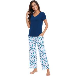 imageWiWi Viscose from Bamboo Womens Pajamas Set Soft V Neck Sleepwear Short Sleeve Top with Pant Lightweight S3XDink Blue Feather