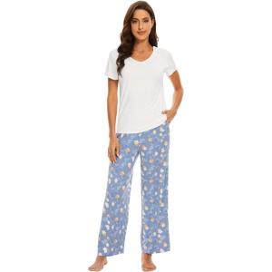 imageWiWi Viscose from Bamboo Womens Pajamas Set Soft V Neck Sleepwear Short Sleeve Top with Pant Lightweight S3XDraw WhiteBlue