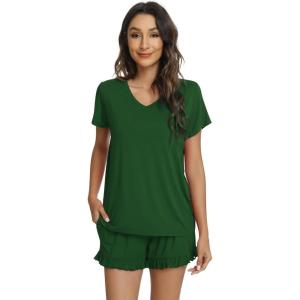 imageWiWi Womens Pajamas Set Viscose from Bamboo Soft Short Sleeve Top with Ruffle Shorts Sleepwear Ladies Pjs Sets SXXLAdark Green