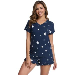 imageWiWi Womens Pajamas Set Viscose from Bamboo Soft Short Sleeve Top with Ruffle Shorts Sleepwear Ladies Pjs Sets SXXLAdark Navy Star