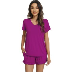imageWiWi Womens Pajamas Set Viscose from Bamboo Soft Short Sleeve Top with Ruffle Shorts Sleepwear Ladies Pjs Sets SXXLAdark Reddish Purple