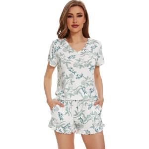 imageWiWi Womens Pajamas Set Viscose from Bamboo Soft Short Sleeve Top with Ruffle Shorts Sleepwear Ladies Pjs Sets SXXLAgreen Leaf