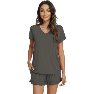 imageWiWi Womens Pajamas Set Viscose from Bamboo Soft Short Sleeve Top with Ruffle Shorts Sleepwear Ladies Pjs Sets SXXLAiron Grey