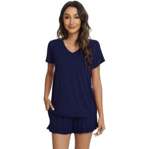 imageWiWi Womens Pajamas Set Viscose from Bamboo Soft Short Sleeve Top with Ruffle Shorts Sleepwear Ladies Pjs Sets SXXLAnavy