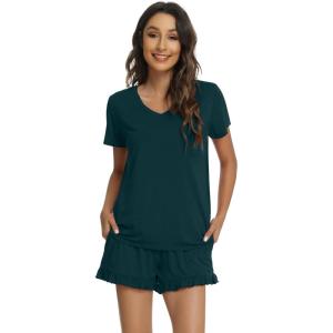 imageWiWi Womens Pajamas Set Viscose from Bamboo Soft Short Sleeve Top with Ruffle Shorts Sleepwear Ladies Pjs Sets SXXLApeacock Green