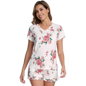 imageWiWi Womens Pajamas Set Viscose from Bamboo Soft Short Sleeve Top with Ruffle Shorts Sleepwear Ladies Pjs Sets SXXLApink Rose on White