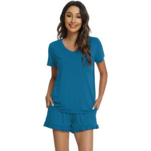 imageWiWi Womens Pajamas Set Viscose from Bamboo Soft Short Sleeve Top with Ruffle Shorts Sleepwear Ladies Pjs Sets SXXLAteal Blue